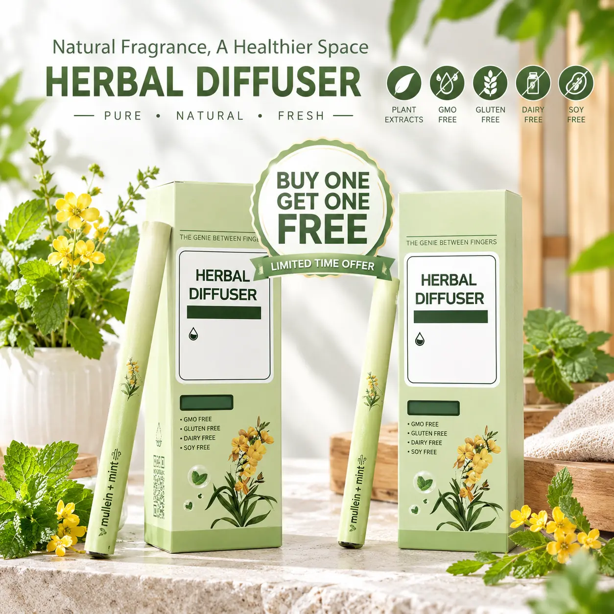 Mullein + Mint Herbal Diffuser Botanical Mist Bar Plant Extracts Natural Fragrance