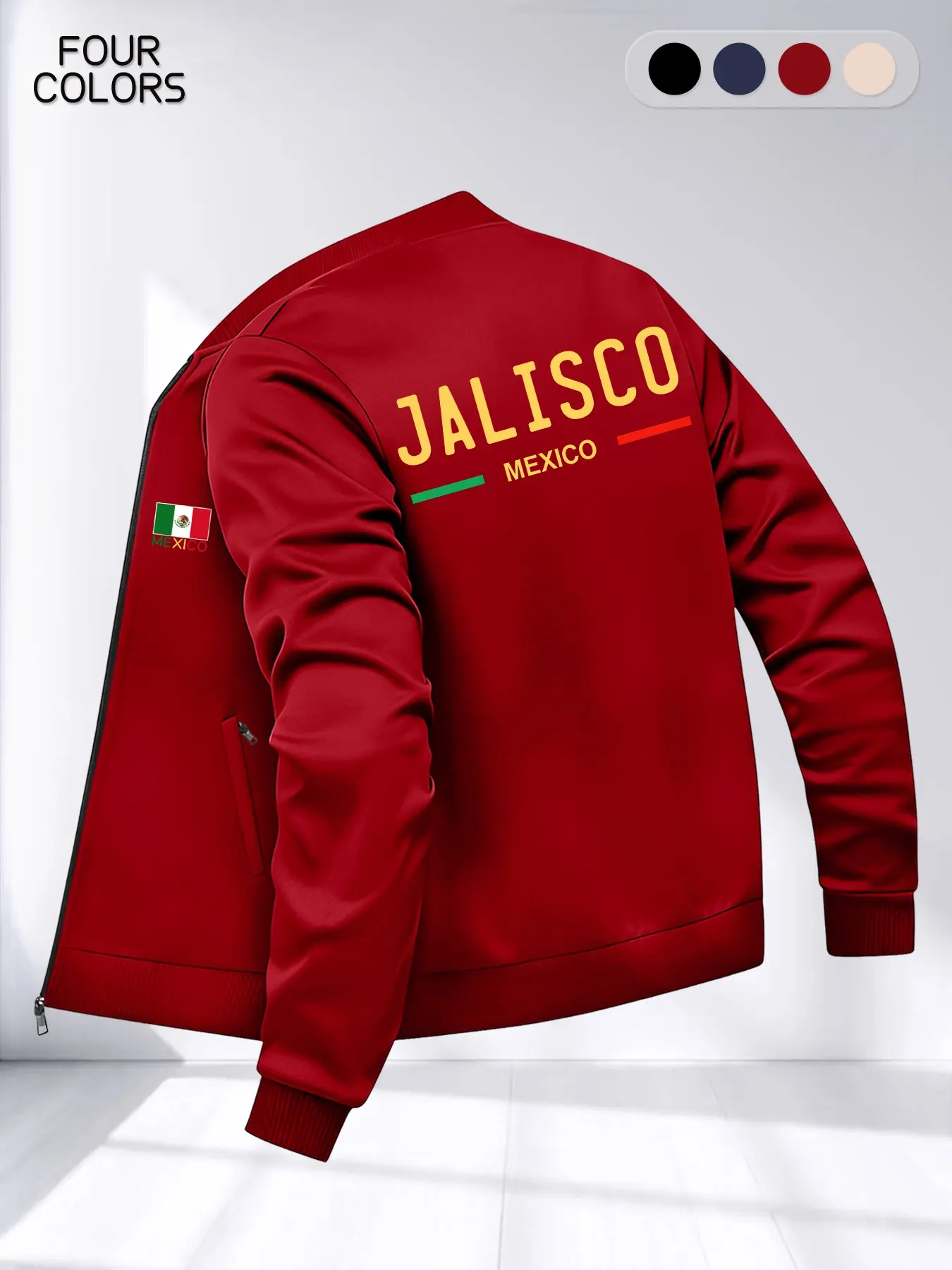 Mexican Style Windproof Baseball Jacket, Casual Long Sleeve Loose-Fit Zipper Closure Print Coat, Casual Style Outerwear, Loose Comfy Outerwear, Fall & Winter Fashion, Perfect Gift for Mexico Culture Lovers