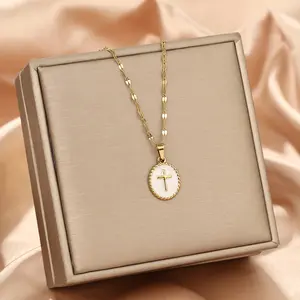 Trending Vintage Gold Cross Necklace | White Oval Charm Pendant | Aesthetic Christian Jewelry | Waterproof Daily Wear Necklace for Women