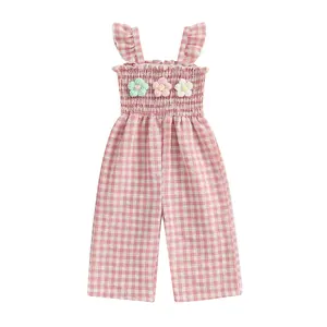 Toddler Baby Girl Summer Outfits Ruffle Sleeveless Plaid Gingham Floral Embroidery Jumpsuit Suspender Wide Leg Pants