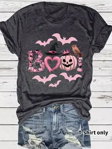 Women's Summer Casual Fitted Round Neck Short Sleeve T-Shirt, Halloween Witch Print, Breathable Soft Comfort, S-Xxl Sizes Available, Top