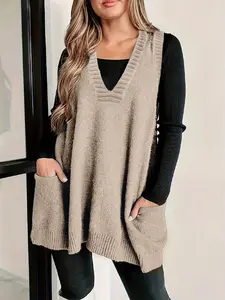 Plus Size Solid Color V Neck Sweater Vest, Casual Sleeveless Knit Top for Daily Wear, Women's Plus Clothing for All Seasons