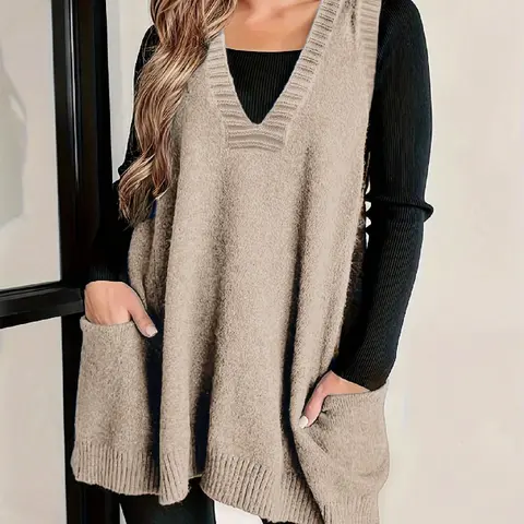 Women's Plain Pocket V Neck Sweater Vest, Sleeveless Vests, Casual Sleeveless Knit Pullover for Daily Wear, Ladies Knitwear for All Seasons