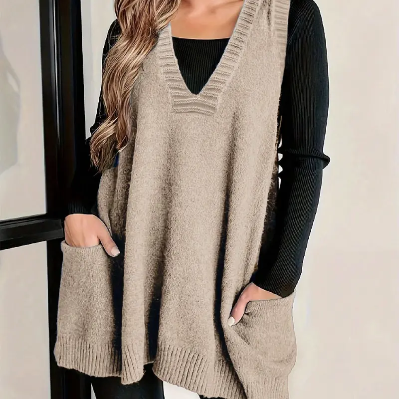 Plus Size Solid Color V Neck Sweater Vest, Casual Sleeveless Knit Top for Daily Wear, Women's Plus Clothing for All Seasons, Knitted Vest