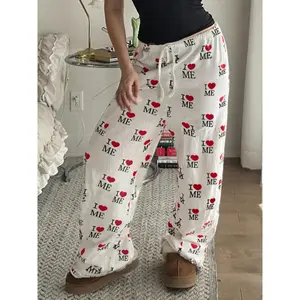 Women's All Over Heart & Letter Print Drawstring Waist Straight Leg Pants, Casual Comfy Elastic Waist Trousers for Daily Wear, Ladies Bottoms for Fall & Winter, Cuffed Drawstring Pants