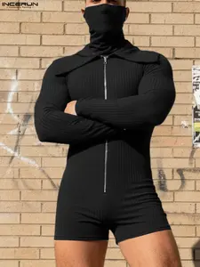 INCERUN Men's Knitted Texture Zipper Long Sleeve Jumpsuit, Casual, Collared Neckline, Plain Design, Comfortable All-Season Wear