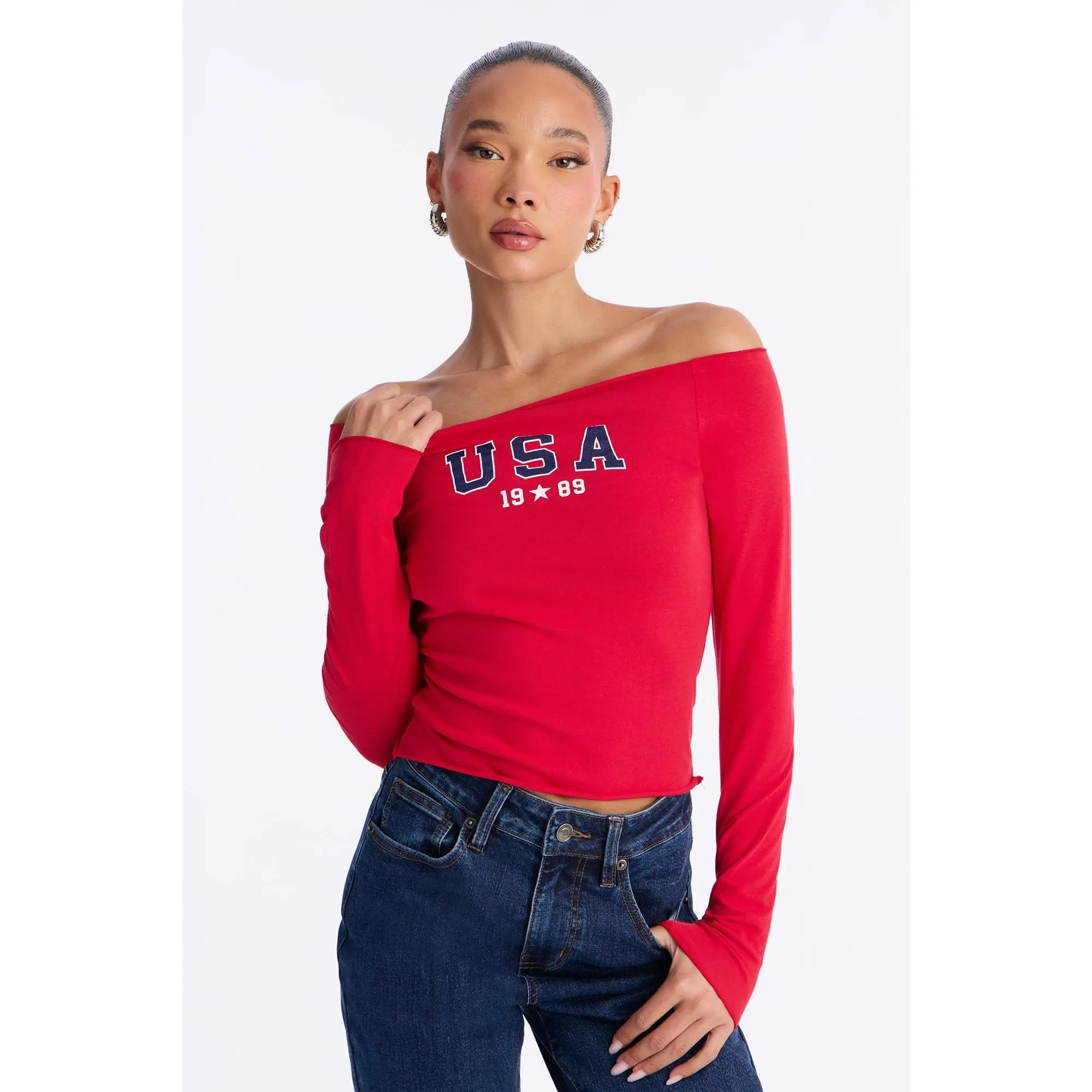 USA Long Sleeve Off Shoulder Baby Tee - Red