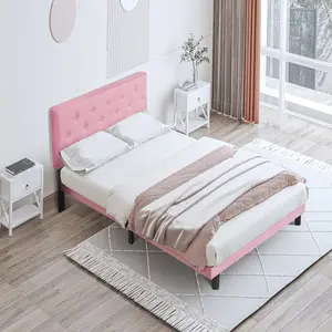 Full Size Upholstered Platform Bed Frame with Linen Fabric Headboard, No Box Spring Needed, Wood Slat Support, Easy Assembly, Pink