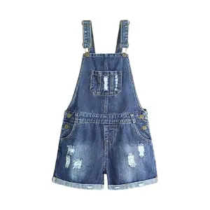 Girls Denim Overall Shorts Distressed Ripped Adjustable Straps Kids Short Overalls for 3-14T Casual Attire