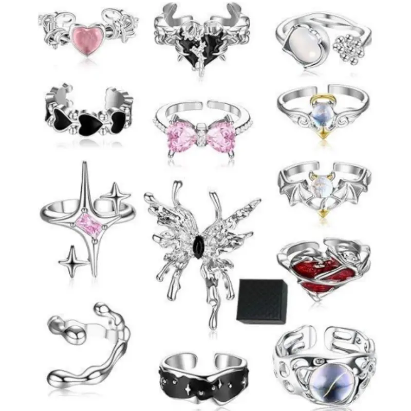 13pcs Gothic Silver Stackable Rings Set with 1 storage box, Y2K Butterfly Heart Star Open Adjustable Finger Rings Cool Punk Aesthetic Jewelry for Women