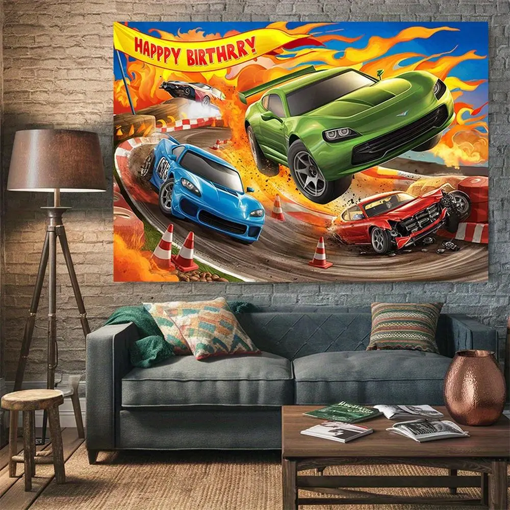 1pc Glam Durable Polyester 2D Flat Happy Birthday Race Car Wall Banner Backdrop - Vibrant Green & Blue Sports Cars, Flames, Checkered Flag Design, White Indoor Decoration for Youngsters' Birthday Celebrations, Wall Decor, One-Piece