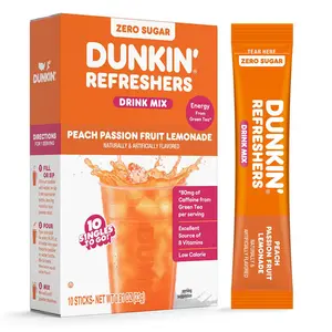 Dunkin’ Refreshers Singles To Go! Powdered drink mix packets, Peach Passionfruit Lemonade,10 packets per box Energy from Green Tea, aspartame-free, no synthetic colors, naturally and artificially flavored, just add water