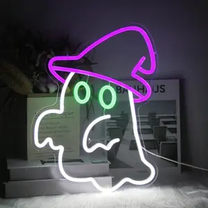 ROSNEK USB-Powered Witch Hat Ghost Neon Sign, 16.5x12.6in Wall-Mounted Goth Lamp, Wall Decor, Spooky LED Light for Bedroom, Halloween House Party, 16.5X12.6"