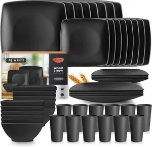 48- Kitchen Plastic Wheat Straw Square Dinnerware Set for 12, Unbreakable Dinner Plates, Salad Plates, Snack Bowls, Tumblers 13.5 oz, Dishwasher Safe, Outdoor Camping Dish,Black