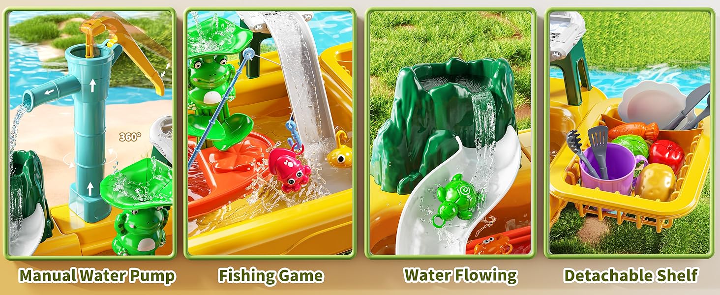 Play Sink with Running Water（ Fishing Games ）, Pretend Play Kitchen Sink with Upgraded Electric Faucet, Realistic play set learning cookingset Plastic Toy Outdoorfun Fun Cleaning Playset，Girls Role Play Gift#SummerVibes