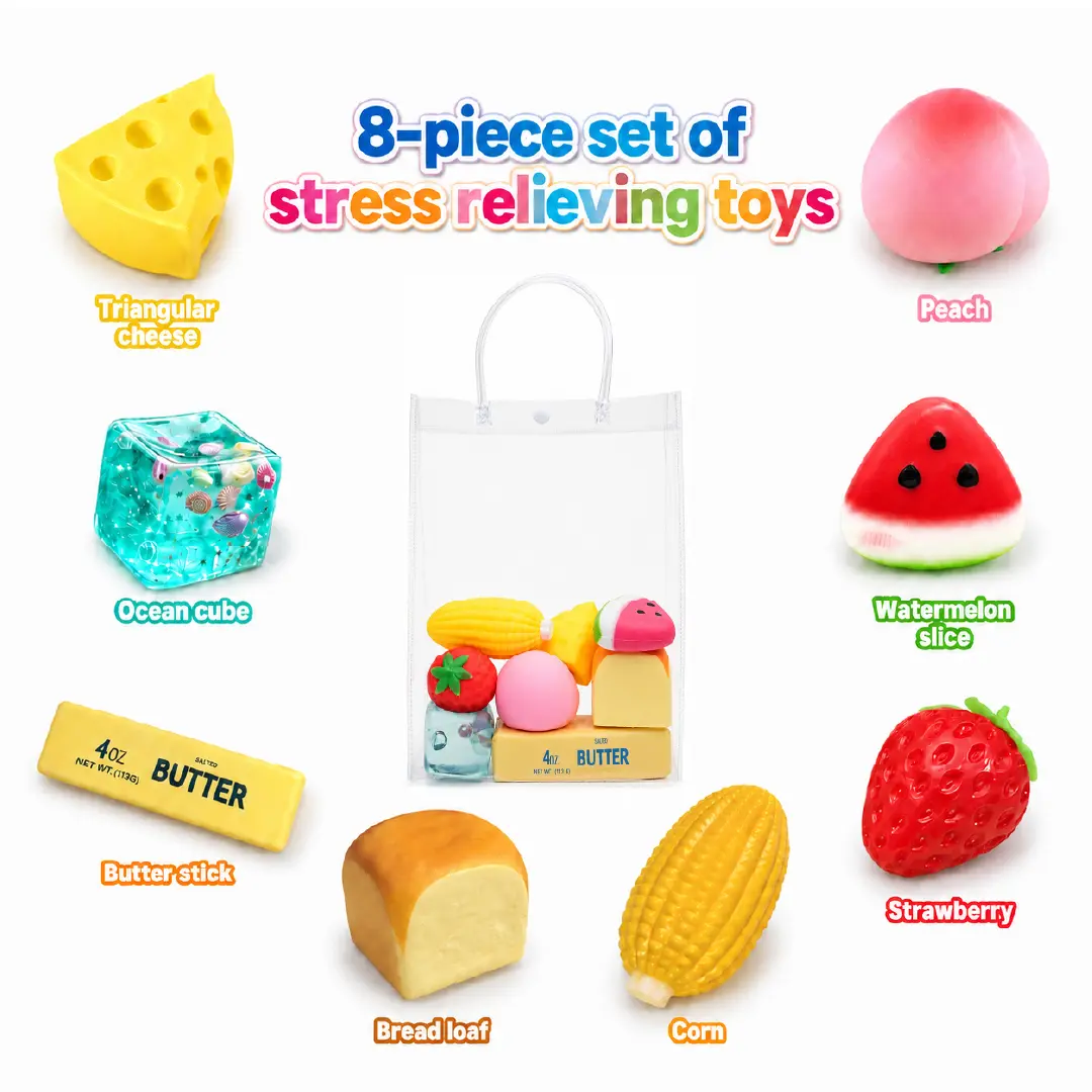 8 pcs Squishies Pack,Cute Animal Shapes Squishy Stress Balls,Soft Squeeze Malt Sugar Slow-Rebound Fidget Sensory Toys,Party Favor Holiday Gift for Festival with Ocean Cubes,Slowing Rising Cheese Butter and Bread Squishy
