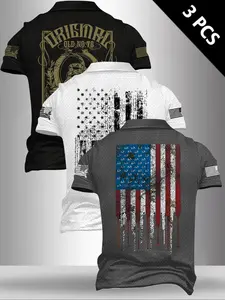 Men's Summer Fine Plaid Short Sleeve Polo Shirt 3 Piece Set, Fashionable Stretch Fabric, Flag Series Graphic Print, Casual Daily Wear