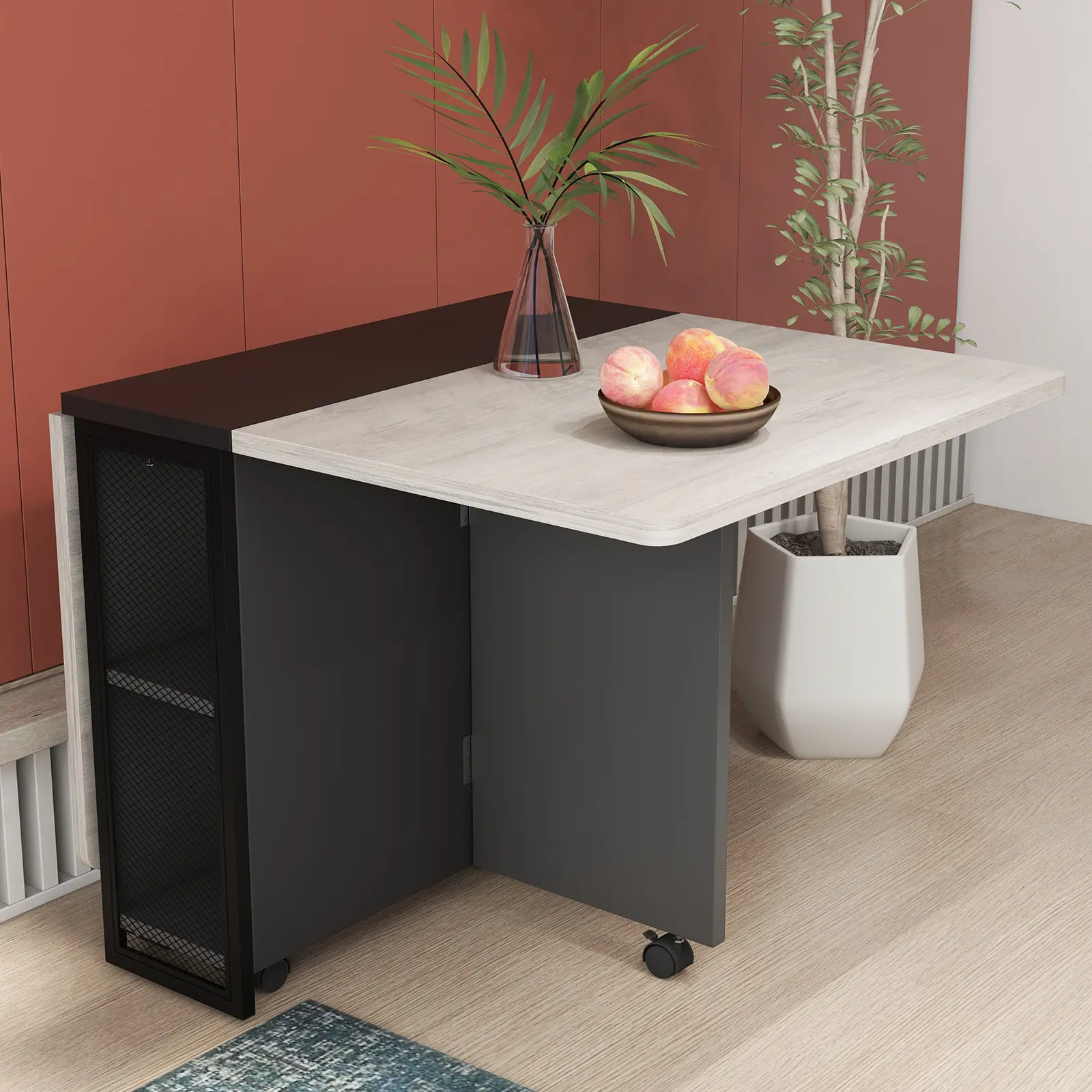 Multifunctional Drop Leaf Extension Table with 2 Tier Storage Shelves for for Kitchen, Folding Dining Table, Spacing Saving Expandable Dinner Table with Wheels, Living Room, Light Brown+White