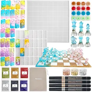 Chess Mold Set, 3D Silicone Create Chess, Checkers & Dominoes, Epoxy Silicone Resin Molds for Family Party DIY Chess Board Game Gift (Checkers & Chess Board & Domino)