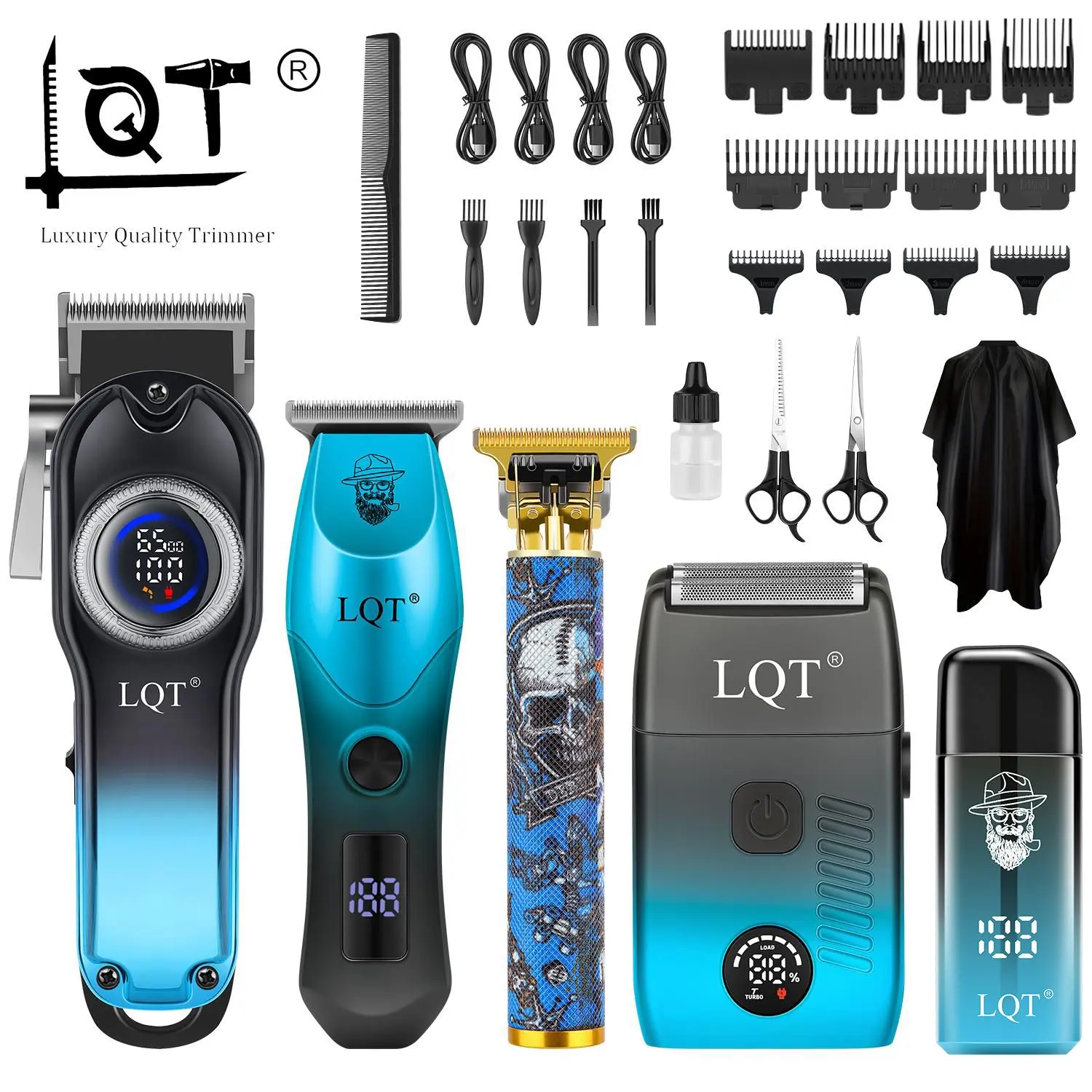 LQT 5-in-1 Professional Barber Kit - Cordless LCD Hair Clipper, 0 Gap T-Blade Trimmer, Electric Foil Shaver, Adjustable Mini Beard Trimmer for Barbers, Smooth Haircut Use, Ideal Gift Set