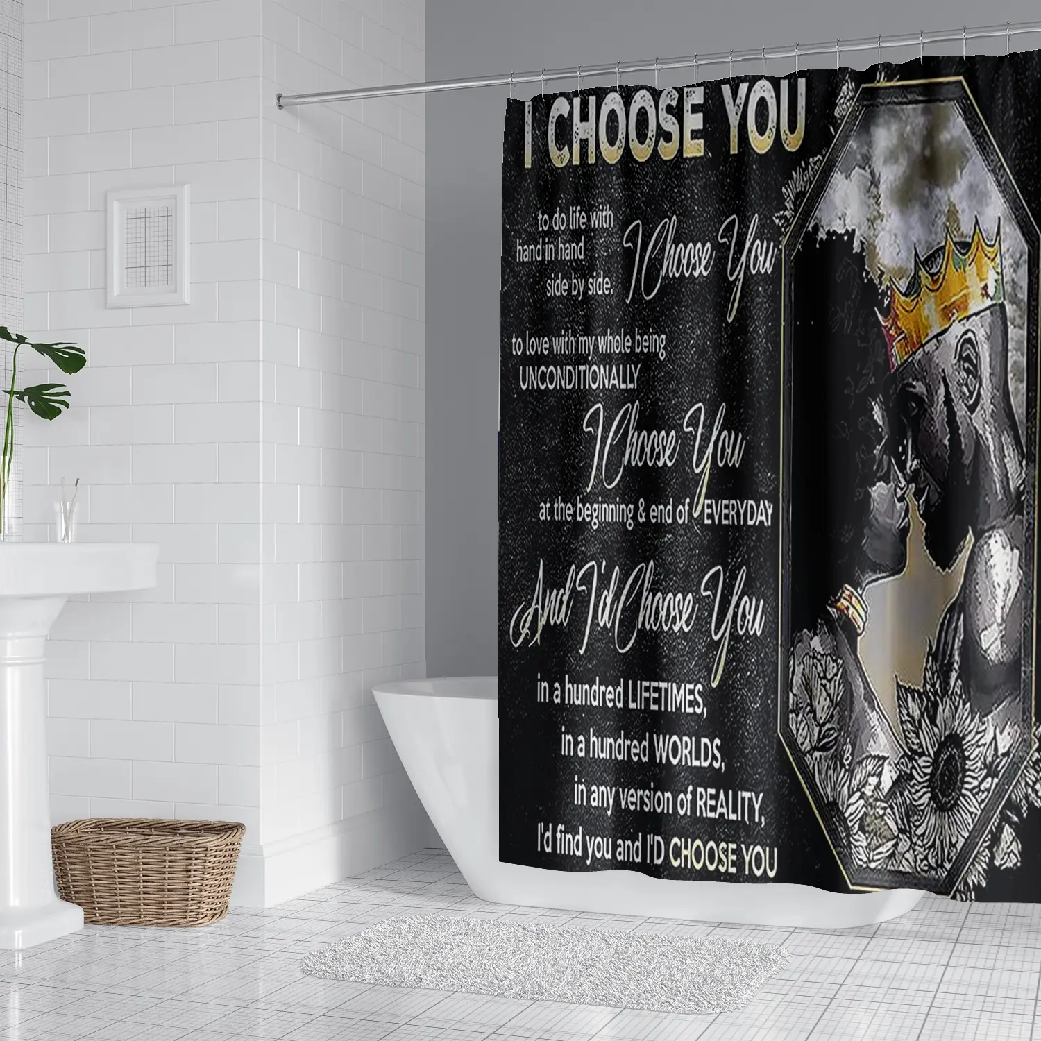 Modern Waterproof Polyester Shower Curtain, Letter Design, Room Divider, Bathroom Door Curtain, Includes 12 Hooks, 180x180 Cm