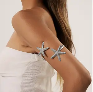 Women's Adjustable Starfish Open Cuff Upper Arm Bracelet - Ocean-Inspired Fashion Costume Jewelry Bangle