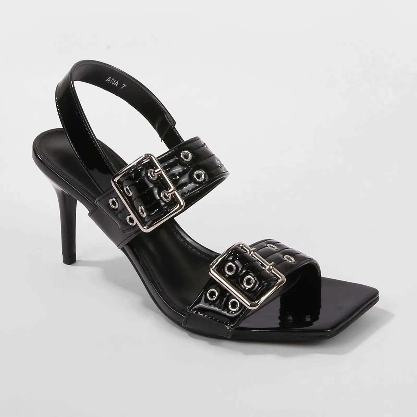 Women's Synthetic PU Leather Square Toe Strappy Buckled Stiletto Sandals - 3.5 in Comfortable Heels, Memory Foam Insoles, Metallic Decorative Accents, Evening & Special Events Fashion Footwear
