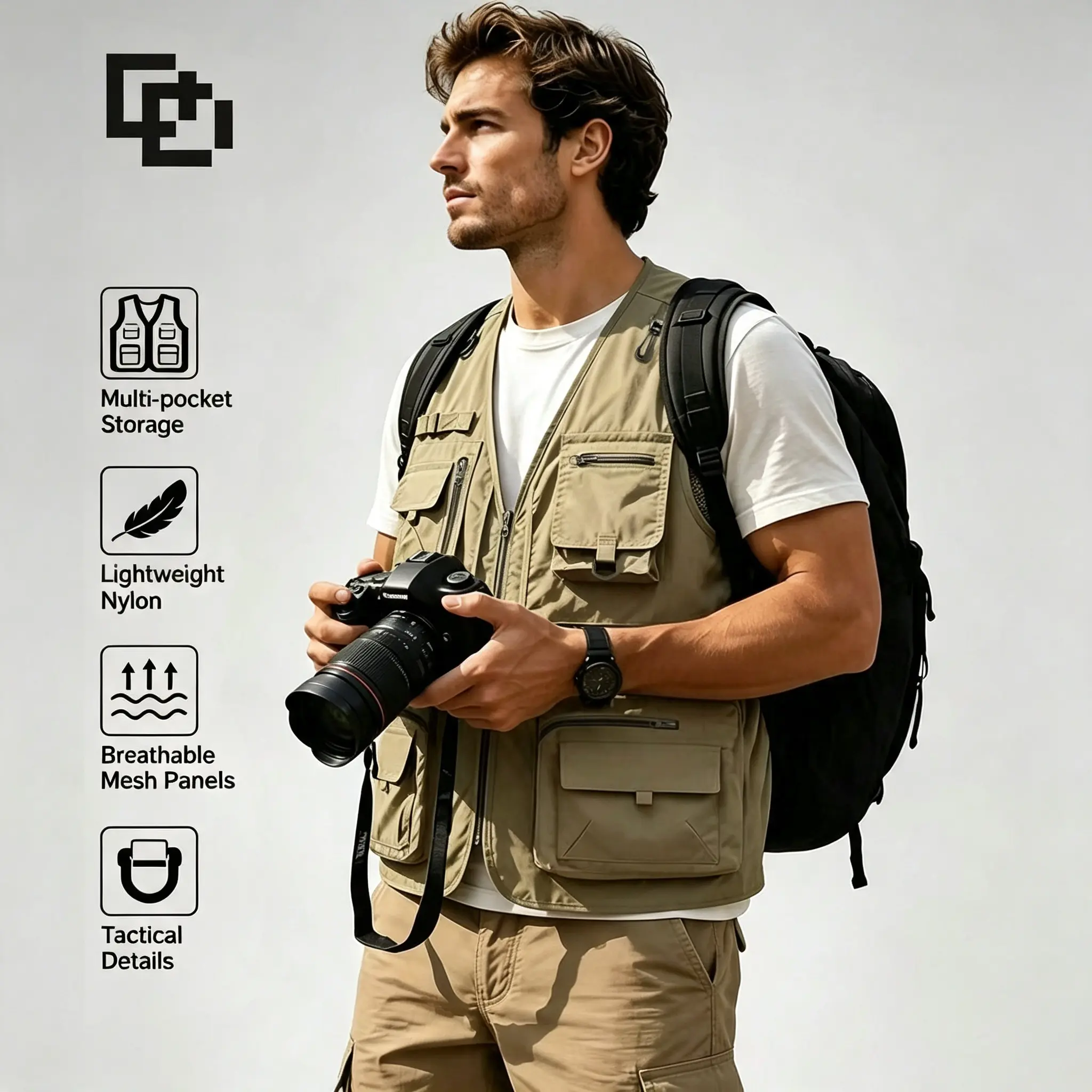 Men Multi‑Pocket Utility Vest Lightweight Nylon Breathable Outdoor Photographer Fishing Tactical Sleeveless Jacket,Lightweight Breathable Utility Vest For Men Multi Pocket Sleeveless Outerwear For Photography Hiking Fishing Travel, Menswear Tops Biker