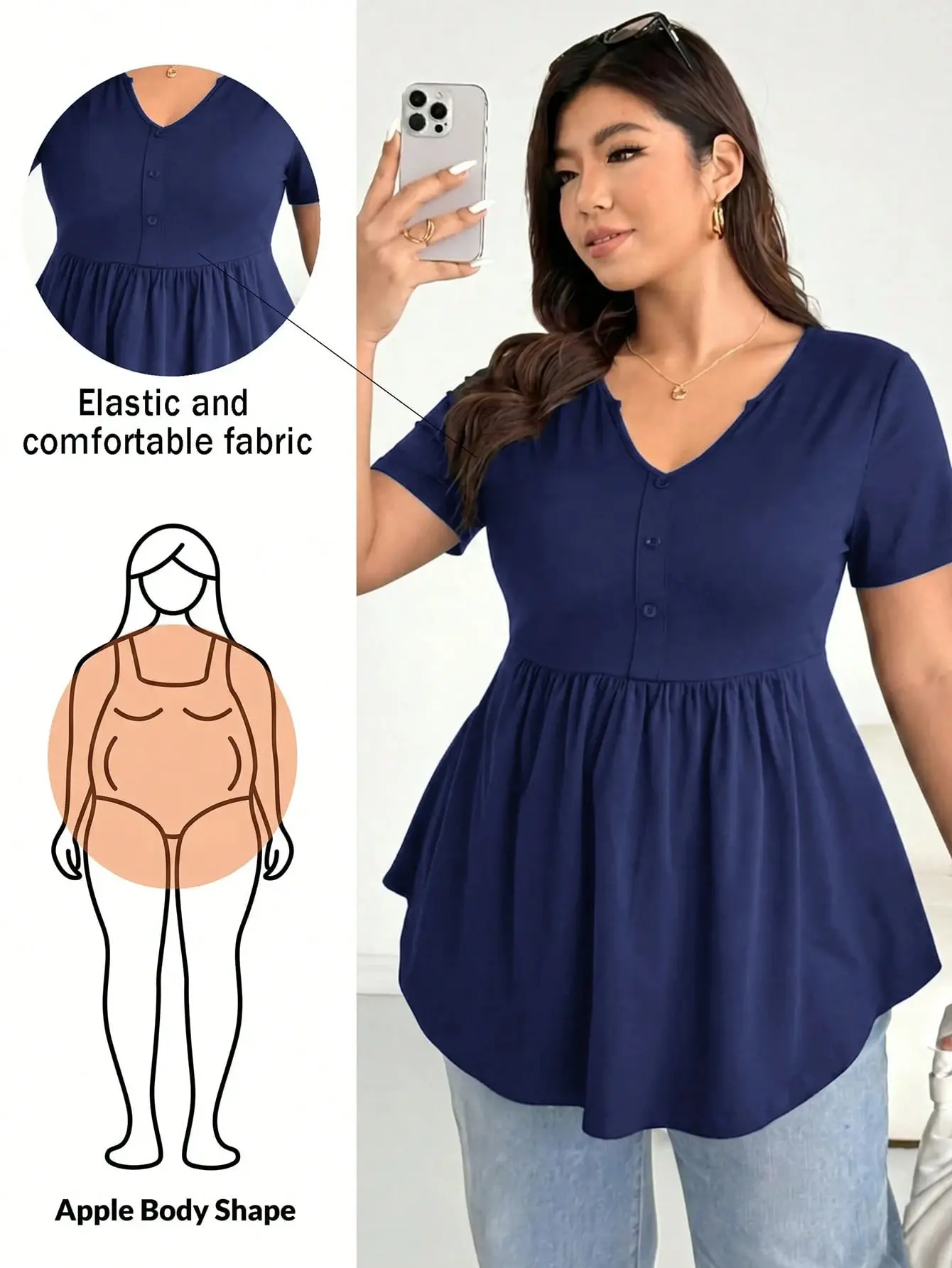 LALUZ Plus Size Women's Black Short Sleeve Babydoll Top Smart Casual Chic Stretchy Everyday Summer Work Office Wear Business Casual Versatile Elegant Tee