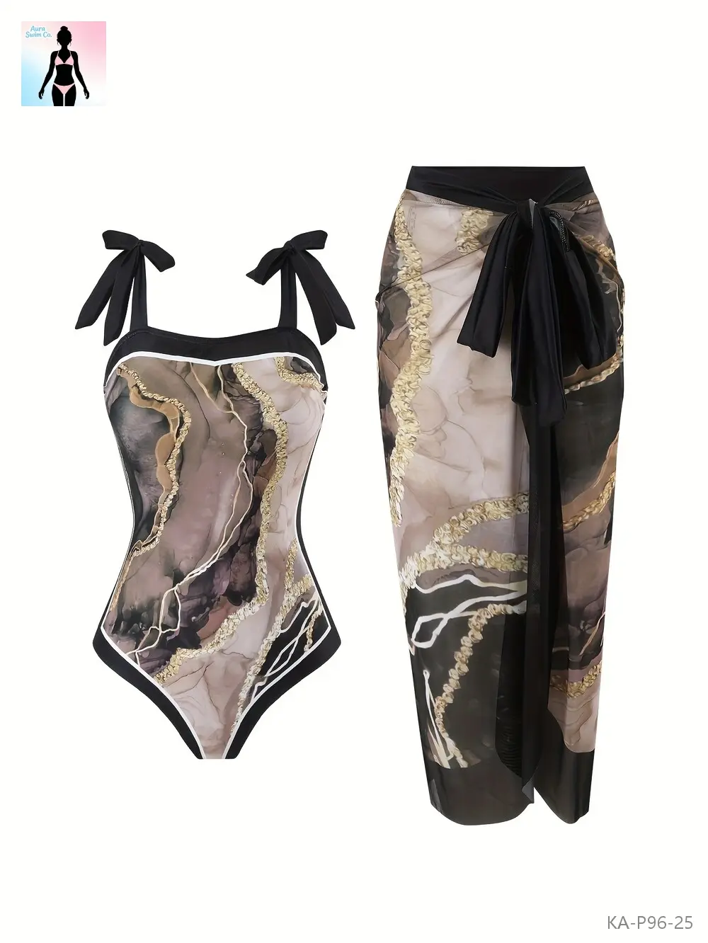 Women's Elegant 2 Piece Swimsuit Set Tummy Control One Piece Bathing Suit with Matching Sarong Cover Up Wrap Skirt Tie Strap Snatched Resort Wear Summer Vacay Outfit