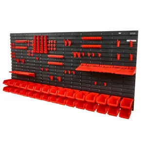 30-Bin PP Plastic Stackable Storage Bins Wall-Mounted Parts Rack Organizer with Wall Panels, Tool Holders, Hooks for Garage, Shop – Organizes Nuts, Bolts, Screws, Nails (Black, Red)