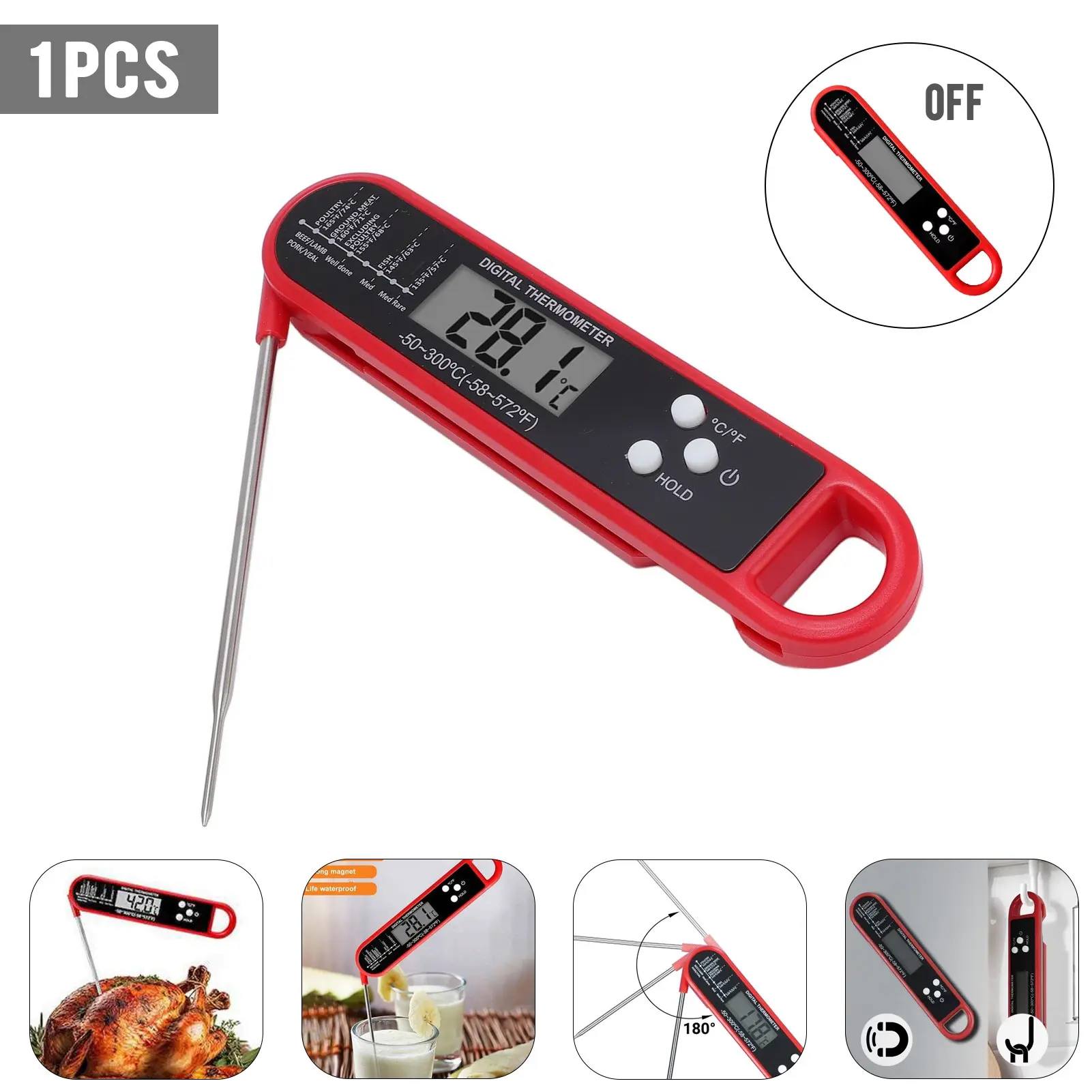 Digital Meat Thermometer, Instant Read, Foldable Probe, Waterproof, Backlight LCD, Auto-Off, Kitchen Gadgets, for Grilling, BBQ, Baking, Candy, Oil, Milk, Cooking, Food Temperature Thermometer