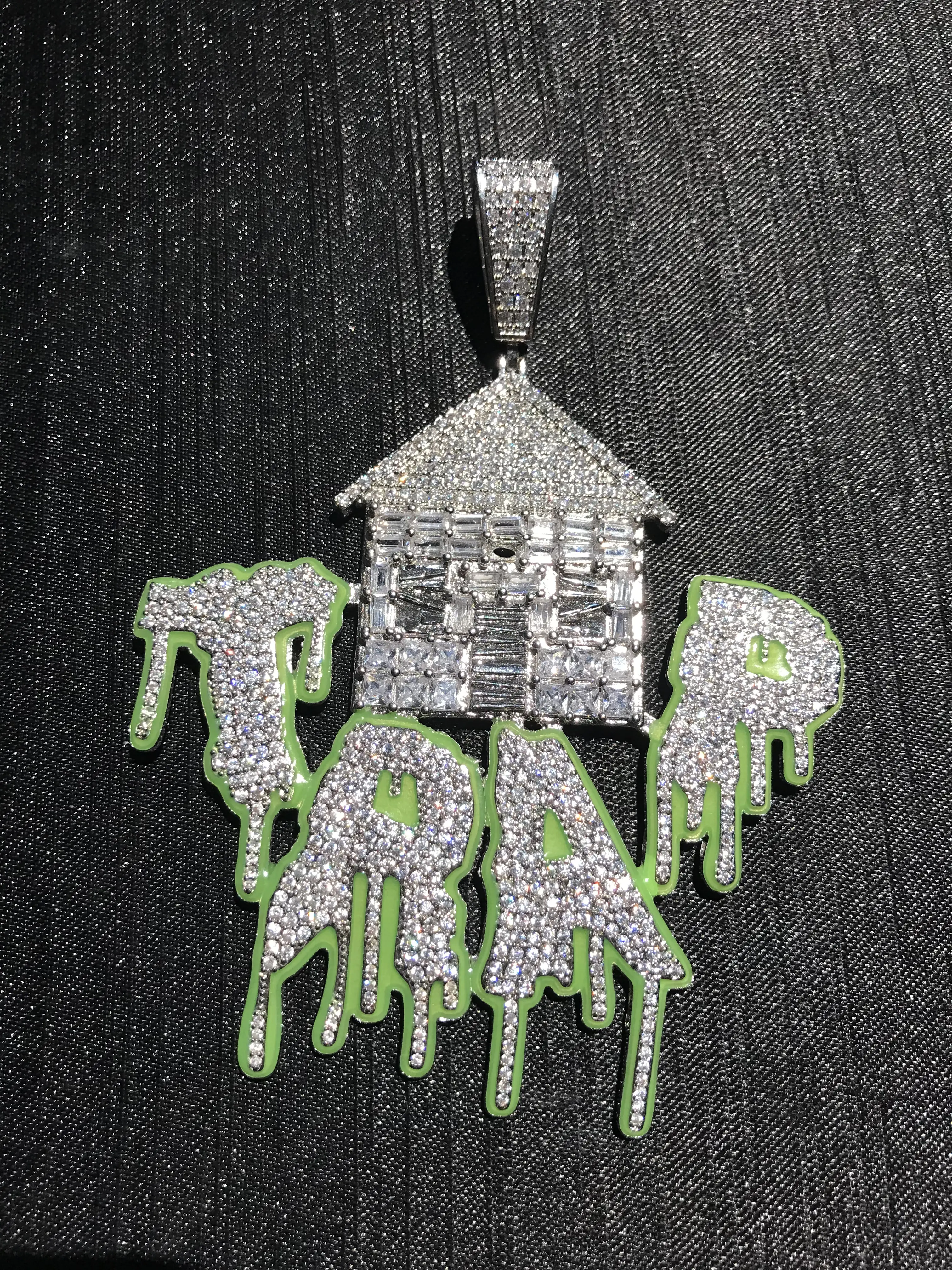 M2-2007 Pendant with "Trap" Design, Green and Silver Color, Rhinestones, Fashion Jewelry