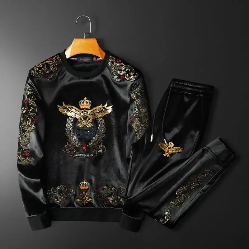 Winter plus velvet men's round neck casual suit fashion high-end embroidery crown eagle padded two-piece set Clothing Pants