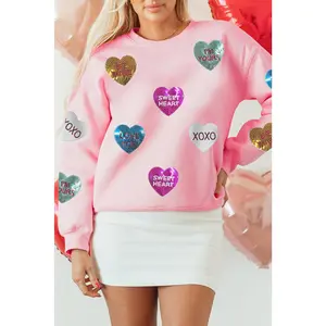 Pink Sequin Romantic Letters Heart Graphic Valentines Sweatshirt