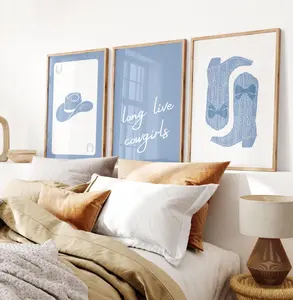 Girly Western Wall Art, Coastal Cowgirl Print, Set of 3 POster NO Frame, Long Live Cowgirls, Coquette Bow Boots, Trendy Dorm Decor