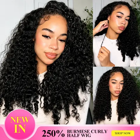 Burmese Curly Half Wig 250% Glueless Human Hair Wigs Seamless Blend Drawstring Beginner Friendly Invisible HairlineFlip Over Wig Quick Install
