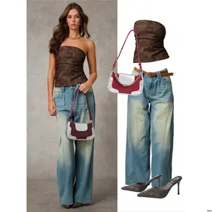 Tops Fall Look tiktok BAE Brown Leather - PU Ruched Bandeau Top For Women Off The Shoulder