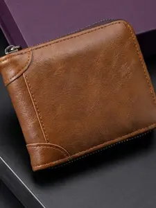 2026 New Men's Retro Wax Leather Short Zip Wallet, Multi-Card Slot Card Holder, ID and Cash Storage Bag, Vintage Style, PU Leather Wallet