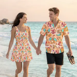 Charmander Evolution Fire Monster 2026 PKM Vacation Couple Set Sleeveless Dress and Hawaiian Shirt, Charizard Island Escape Matching Outfit, Aloha Shirt Beach Vacation Outfit, PKM Anime Style Design, Summer Holiday Gift For Couple  | 080426.R3067.ID00