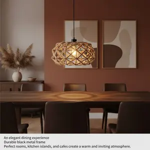 Bohemian Handwoven Jute Rope Lampshade, Rustic Metal Frame Pendant Light Shade, Perfect for Living Room Dining Bedroom Kitchen, Home Decor Light
