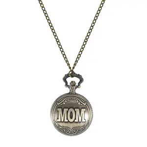 OIDEA Alloy Engraved 'Mom' Vintage Aesthetic Bronze Metal Pocket & Fob Watch, Quartz Numeral Dial Necklace Watch, Mother's Day Keepsake Gift