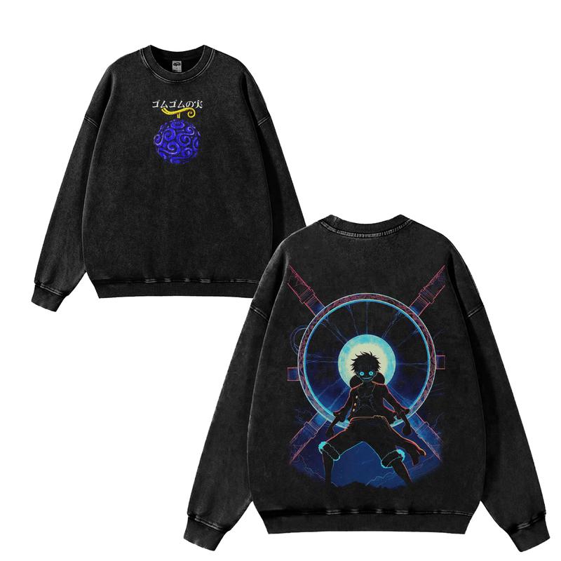 Lufi JoiBoy One Pice-hoodie RetroVintage Unisex Anime Manga Acid Washed  Cotton Tshirt Gift For Anime Fan Tees Vintage Shirts T-shirt Men's Graphic Round Neck Fabric Menswear Top Oversized Black Casual Crewneck Summer Piece Devil Fruit clothing men