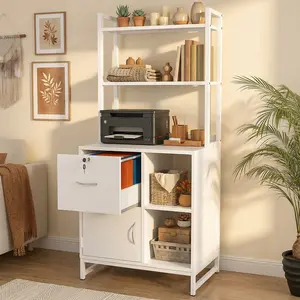 Homieasy Vertical Filing Cabinet with Lock & Charging Station, File Cabinet with Bookshelf Printer Stand