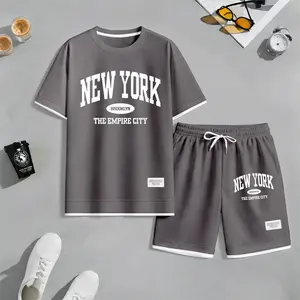 Men's New York Print Waffle Fabric Short-Sleeved Shirt And Shorts Set