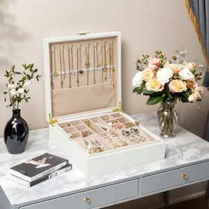 BOOVO Jewelry Box Organizer for Women,White 2 Layer jewelry Stoarge Case,Built in Necklace Hook and Detachable Jewelry Tray,Indoor Jewelry Display Box