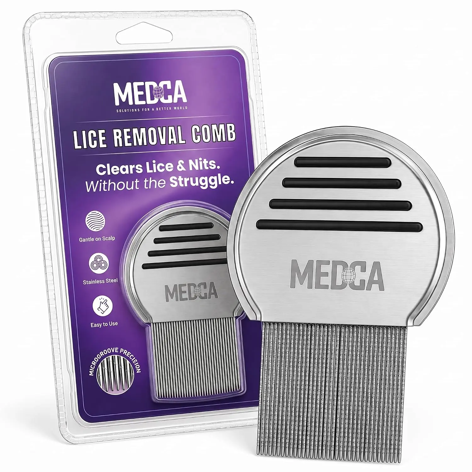 MEDca Professional Stainless Steel Lice Comb, Fine Tooth Nit Removal Comb for Head Lice & Eggs, Reusable Hair Comb for Adults & Kids