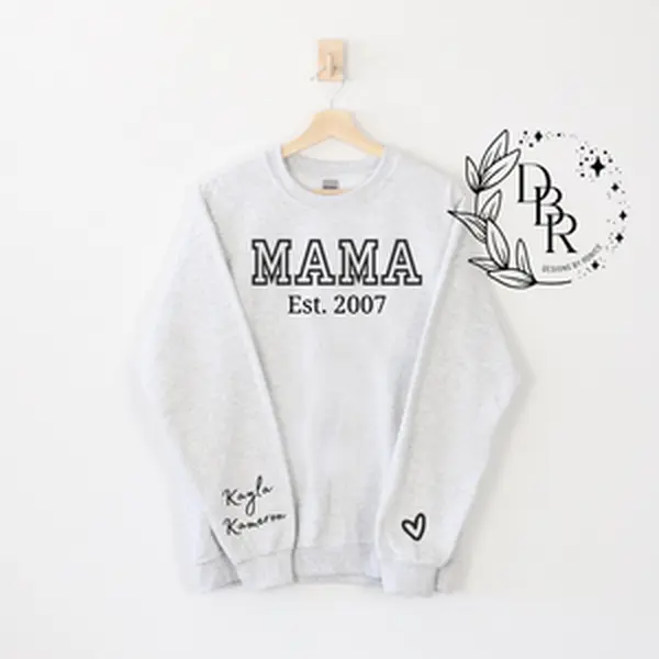 Custom Mama Sweatshirt with Date,Mama sweater with kid name on sleeve,Puffy Mama Sweater,Customized Kids names,I wear my heart on my sleeves Personalized Stylish Love Top Top Top Pullover perfect gift