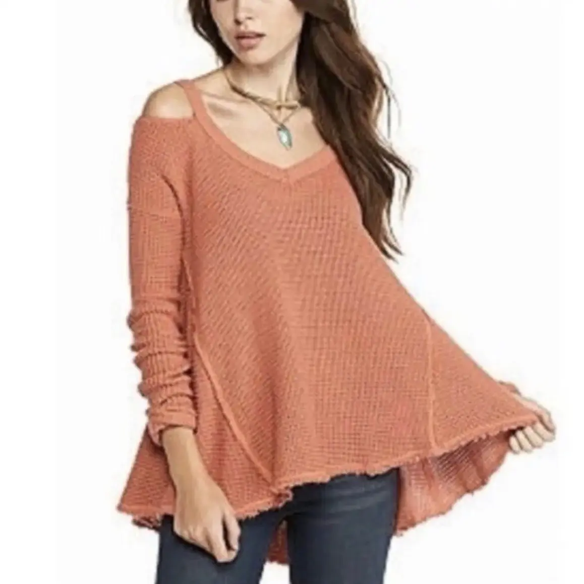 Free People Sunrise Coral Thermal Knit Cold Shoulder Sweater for Women S