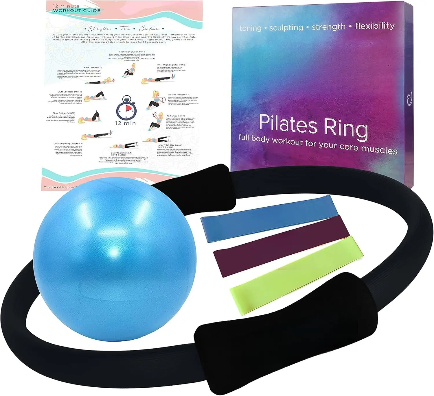 Pilates Ring and Ball Set with 3 Resistance Bands - Pilates Equipment for  Workout - Magic Circle Pilates Ring 14 Inch to Tone, Sculpt and Strengthen - Fitness Ring for Yoga and Pilates